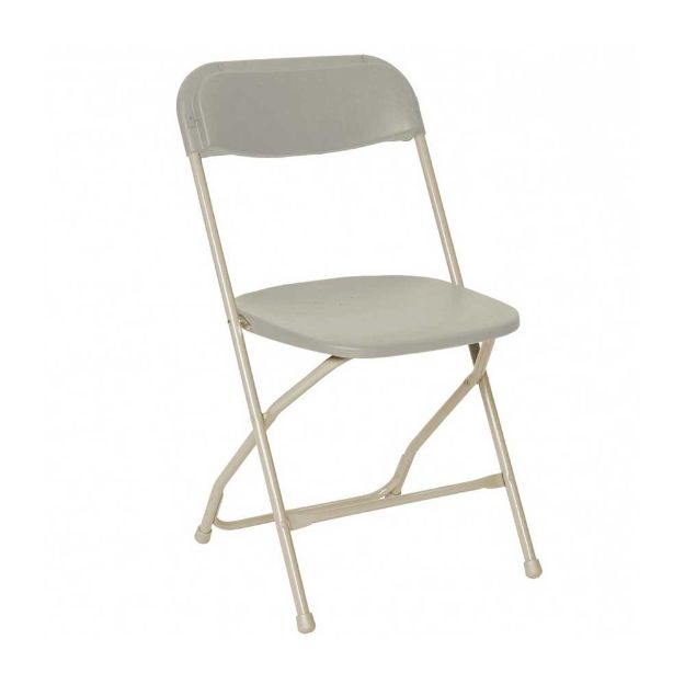Side view of a bone colored folding rental chair against a white background.