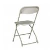 Back view of a bone colored folding rental chair against a white background.