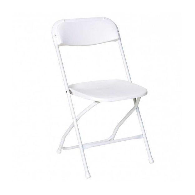 Side view of a white colored folding rental chair against a white background.