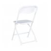 Back view of a white colored folding rental chair against a white background.