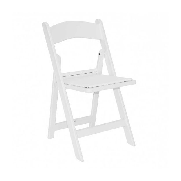 Side view of a white colored folding resin rental chair against a white background.