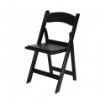 Left side view of a black colored folding resin rental chair against a white background.