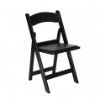Right side view of a black colored folding resin rental chair against a white background.