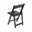 Back side view of a black colored folding resin rental chair against a white background.
