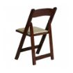 Back view of a fruitwood colored folding rental chair against a white background.