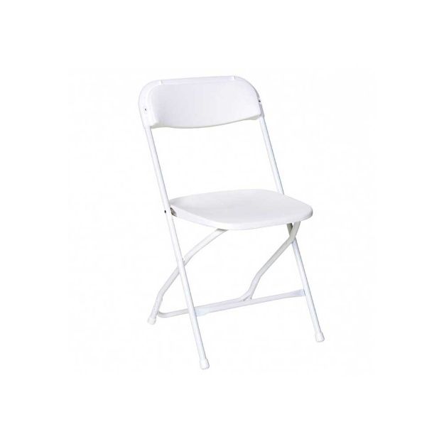 Side view of a white colored children's folding rental chair against a white background.