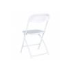 Back view of a white colored children's folding rental chair against a white background.
