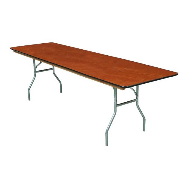 30" x 96" foldable plywood rental table standing upright with dark wood top and metal legs.