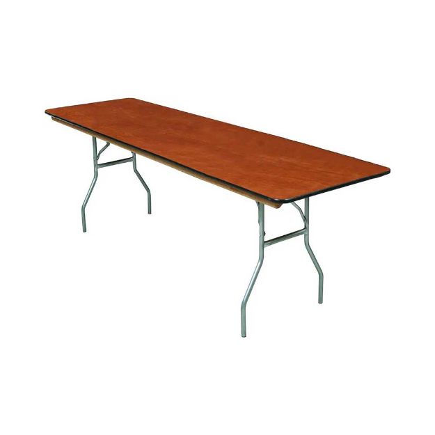 30" x 72" foldable plywood rental table standing upright with dark wood top and metal legs.