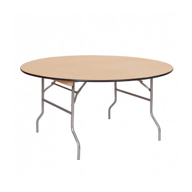 60" diameter foldable plywood rental table standing upright with light wood top and metal legs.