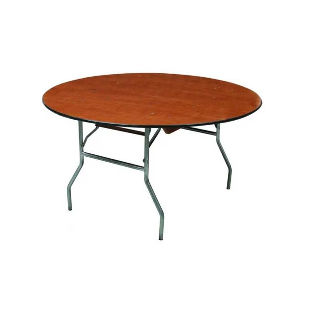 48" diameter foldable plywood rental table standing upright with dark wood top and metal legs.