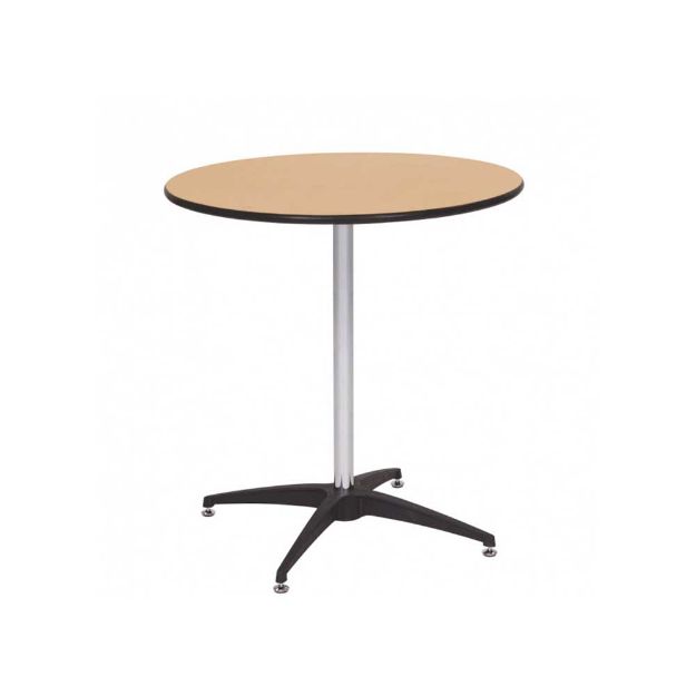 30" diameter cocktail rental table at 30" high standing upright with light wood top and metal pedestal.