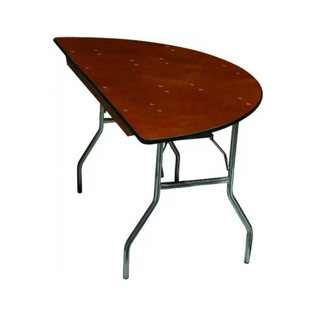 60" diameter half-round foldable plywood rental table standing upright with dark wood top and metal legs.