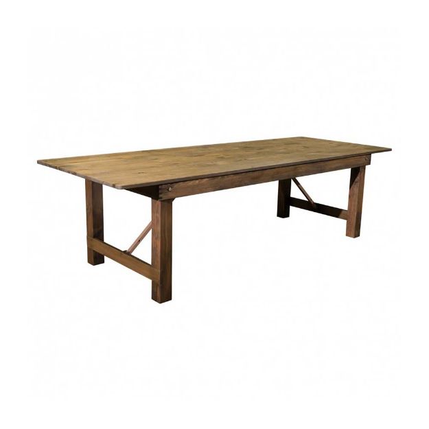 Angle view of a solid pine 108" x 40" country farm rental table.