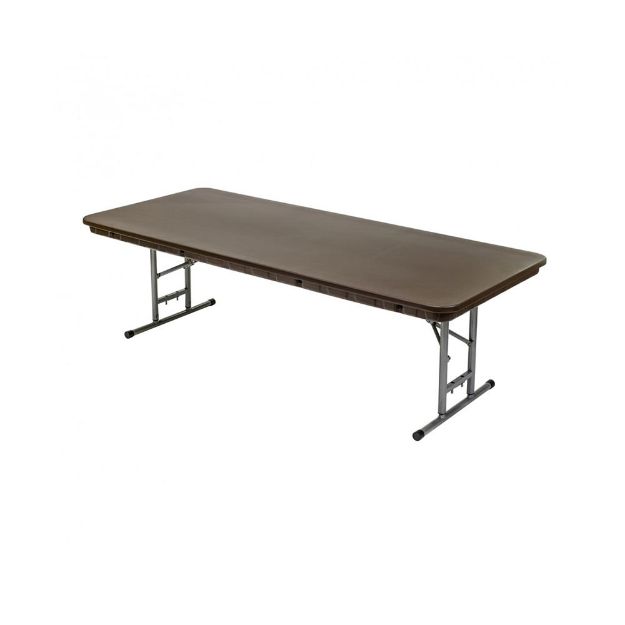 30" x 72" foldable plywood rental children's table standing upright with dark wood top and metal legs.