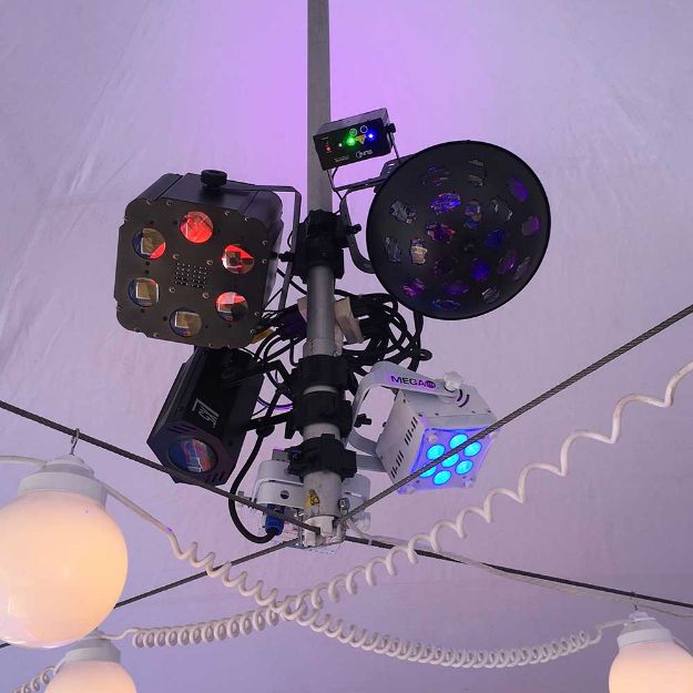 Rental tent dance lighting package installed from center cables on a square 20' x 20' Matrix tent.