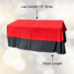 Rectangle display table with a red lap length table linen and a black floor length table linen for reference.
