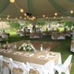 Decorated guest and head tables beneath the canopy of a Hexagon 170 wedding tent rental package.