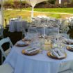 With a sweetheart table in the background this fully configured outdoor wedding package is highlighted with gold accents.