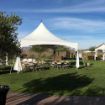 Backyard tent rental package for 32 guests with decorative leg drapes set up in a park with the desert in the background.