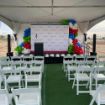 Custom 8' x 16' aluminum event stage fully configured for an Abrazo Health ground breaking event.