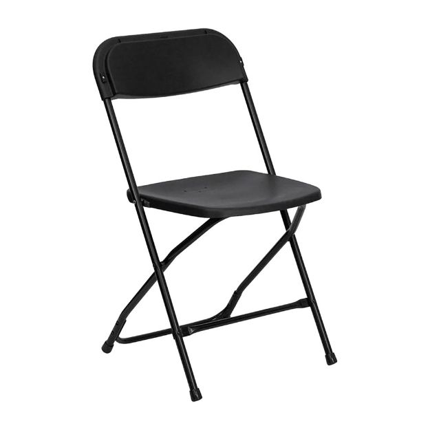 Right side view of a black colored folding rental chair against a white background.