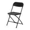 Left side view of a black colored folding rental chair against a white background.