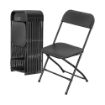 Stacked view of a black colored folding rental chair against a white background.