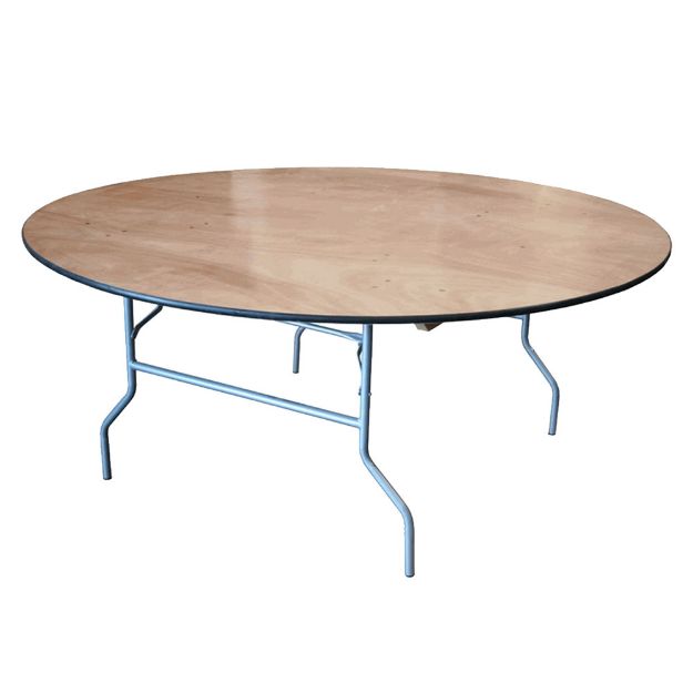 72" diameter foldable plywood rental table standing upright with light wood top and metal legs.