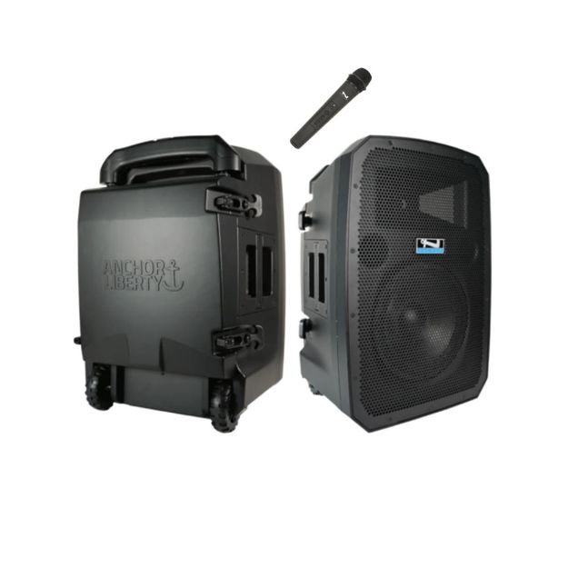 Liberty 3 Hub Connect Sound System package with speaker units, protective casing, and included wireless handheld microphone.