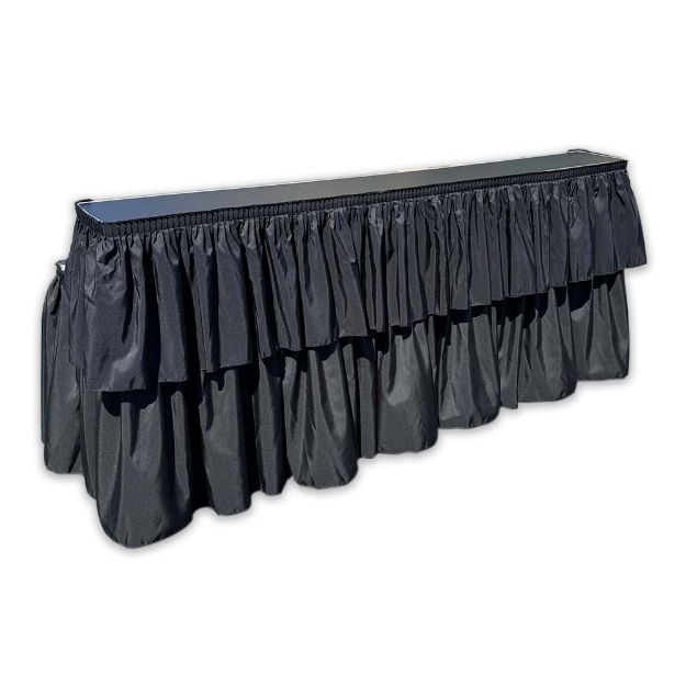 96" Rental bar with black linens featuring two level service to keep the bar mess hidden while a raised area to serve drinks.