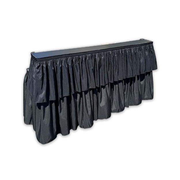 72" Rental bar with black linens featuring two level service to keep the bar mess hidden while a raised area to serve drinks.