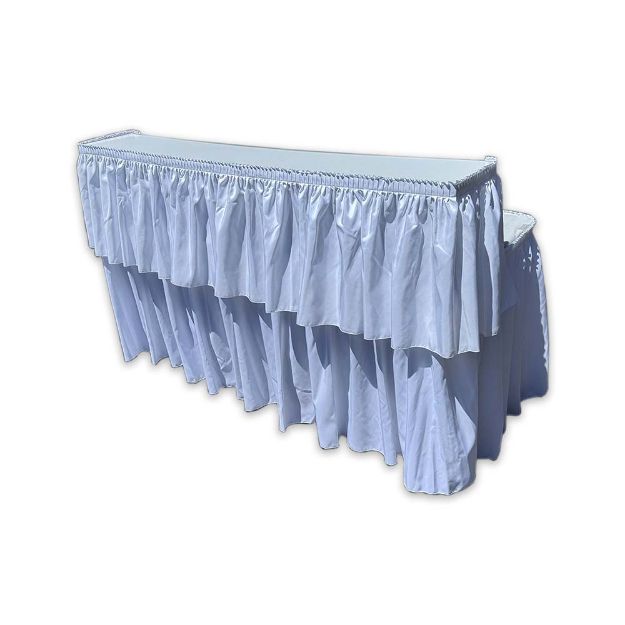 72" Rental bar with white linens featuring two level service to keep the bar mess hidden while a raised area to serve drinks.