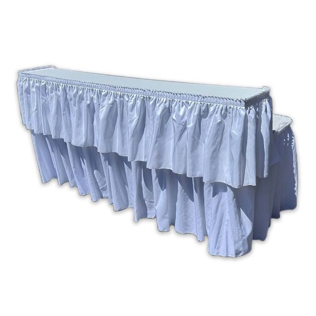 96" Rental bar with white linens featuring two level service to keep the bar mess hidden while a raised area to serve drinks.