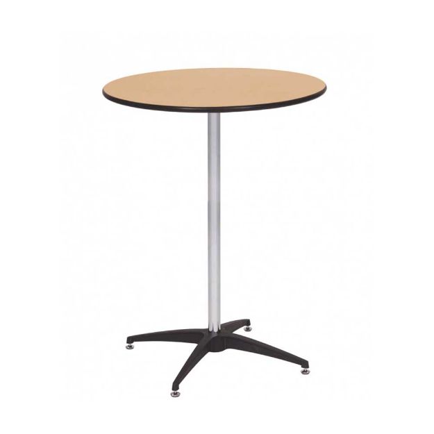 30" diameter cocktail rental table at 42" high standing upright with light wood top and metal pedestal.